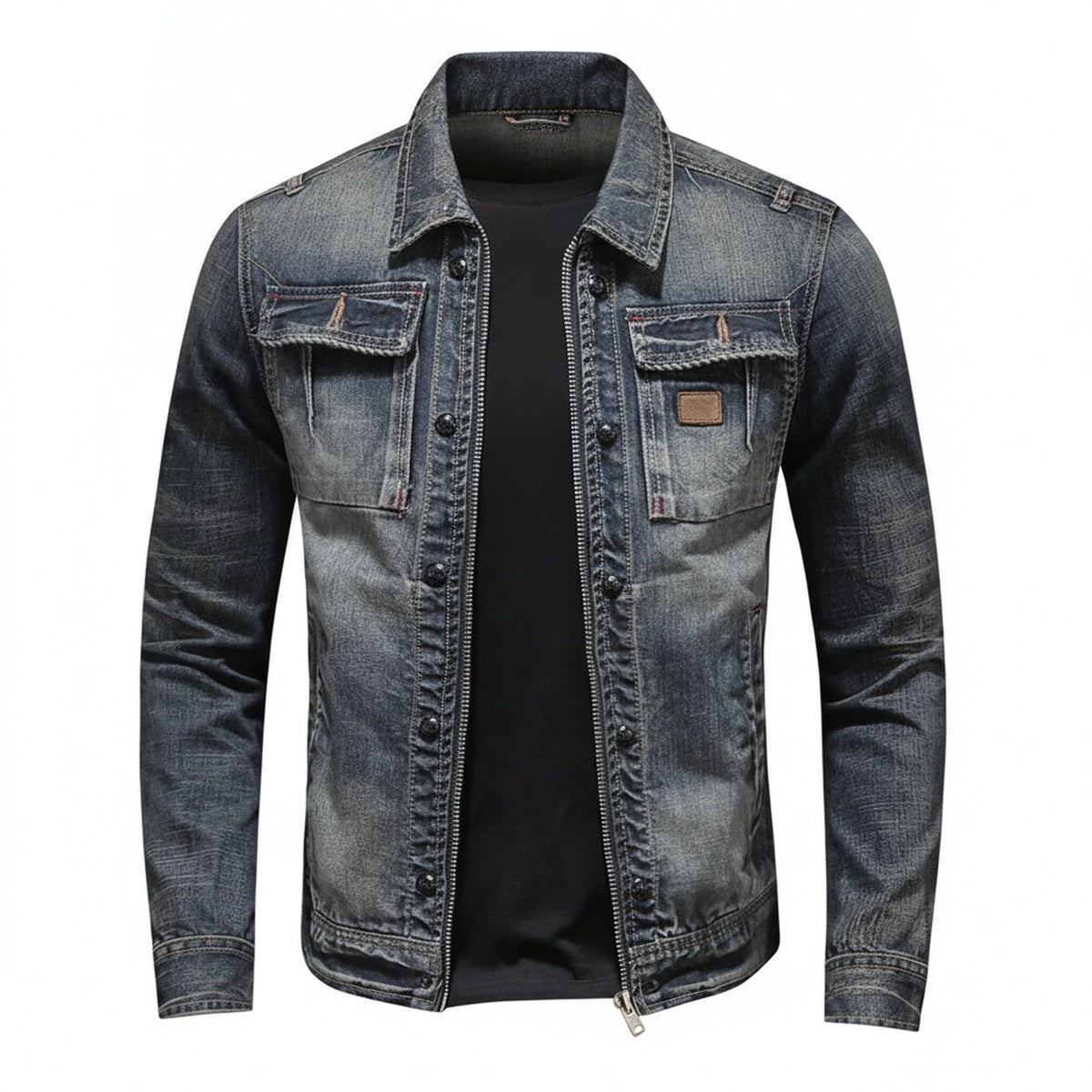 Heren Denim Jacket Vintage Gewassen met Ritssluiting en Borstzakken