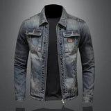 Heren Denim Jacket Vintage Gewassen met Ritssluiting en Borstzakken