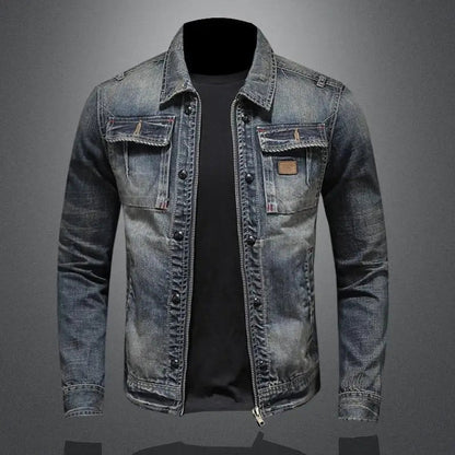 Heren Denim Jacket Vintage Gewassen met Ritssluiting en Borstzakken