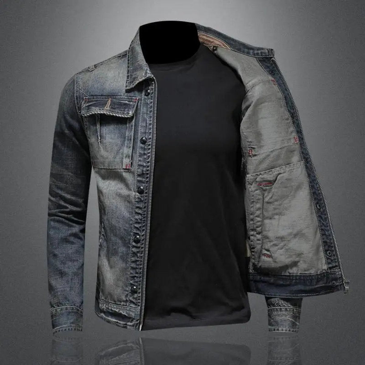 Heren Denim Jacket Vintage Gewassen met Ritssluiting en Borstzakken