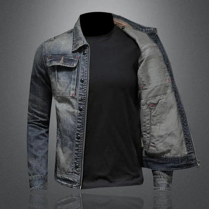 Heren Denim Jacket Vintage Gewassen met Ritssluiting en Borstzakken