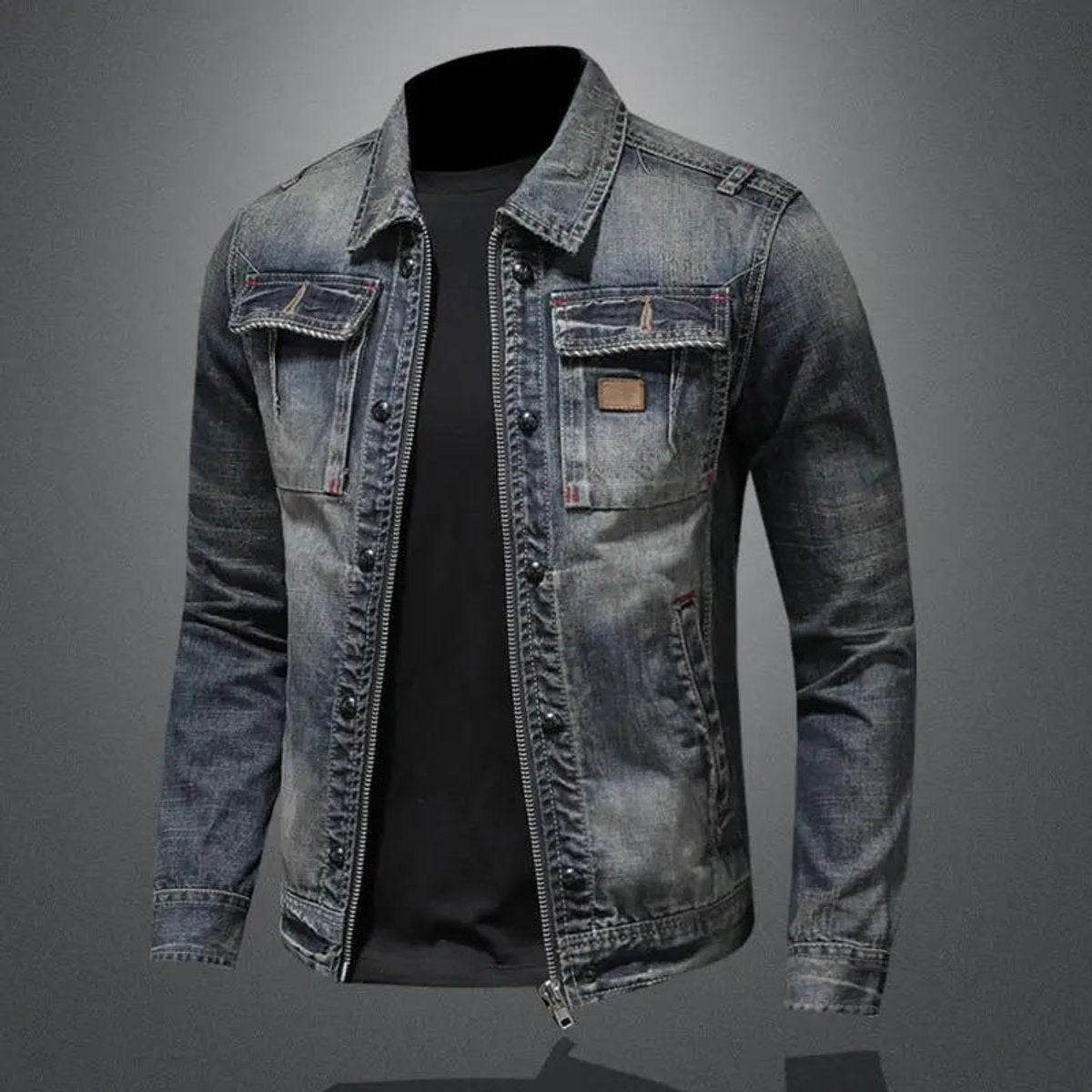 Heren Denim Jacket Vintage Gewassen met Ritssluiting en Borstzakken