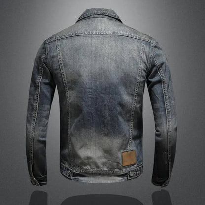 Heren Denim Jacket Vintage Gewassen met Ritssluiting en Borstzakken