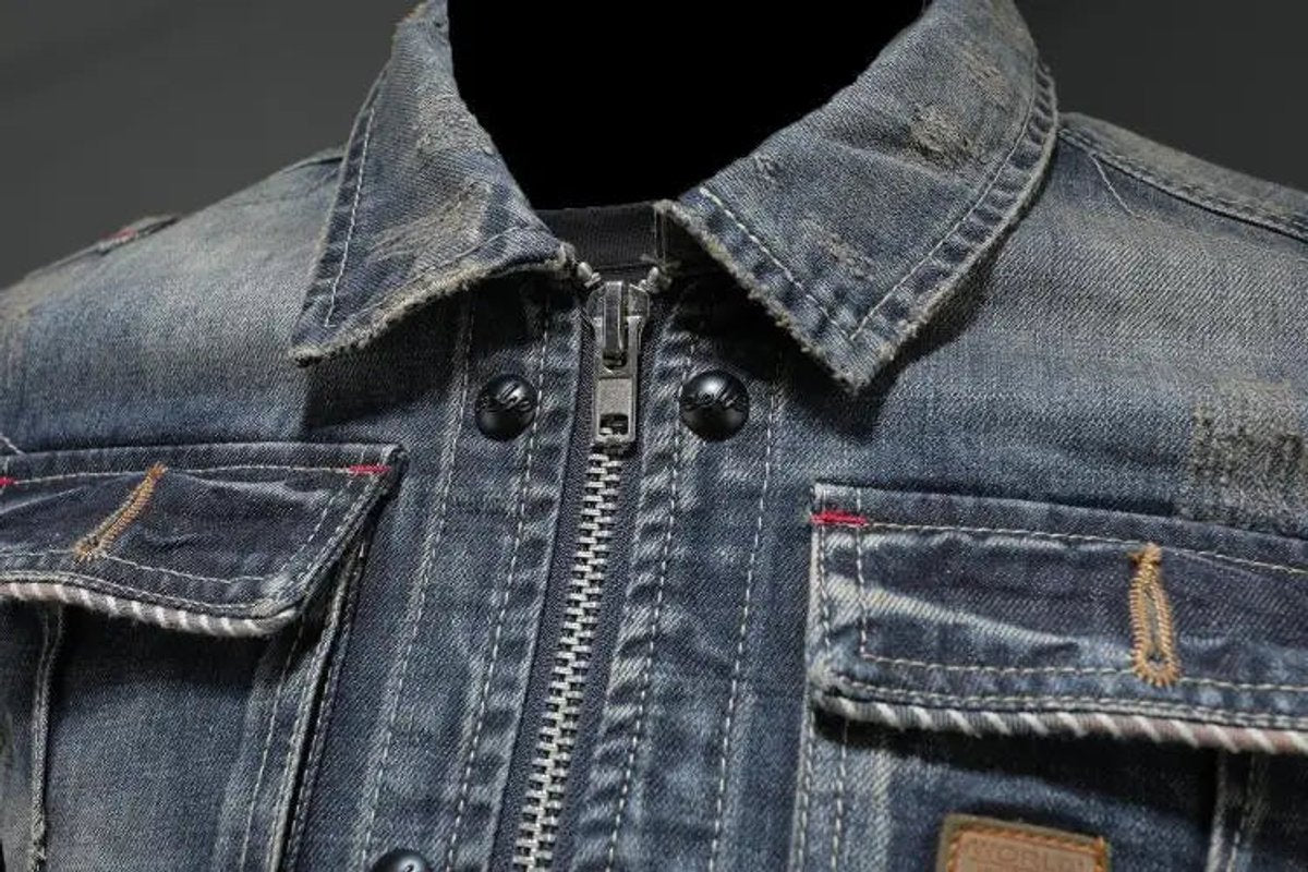 Heren Denim Jacket Vintage Gewassen met Ritssluiting en Borstzakken