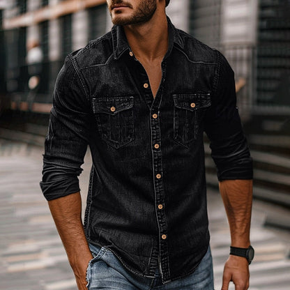 Heren Denim Overhemd Lange Mouw met Klassieke Kraag en Borstzakken Zwart
