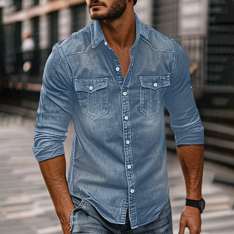 Heren Denim Overhemd Lange Mouw met Klassieke Kraag en Borstzakken Denimblauw