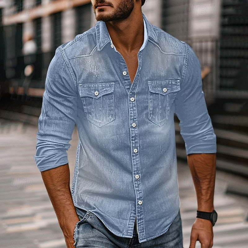 Heren Denim Overhemd Lange Mouw met Klassieke Kraag en Borstzakken Blauw