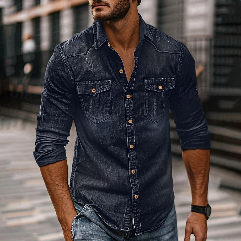Heren Denim Overhemd Lange Mouw met Klassieke Kraag en Borstzakken Donker marineblauw