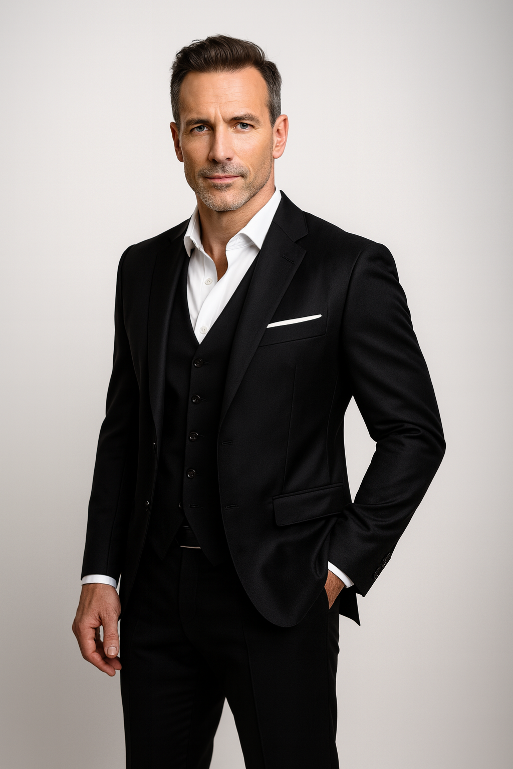 Heren Driedelig Slim Fit Kostuum met Blazer, Gilet en Broek Zwart