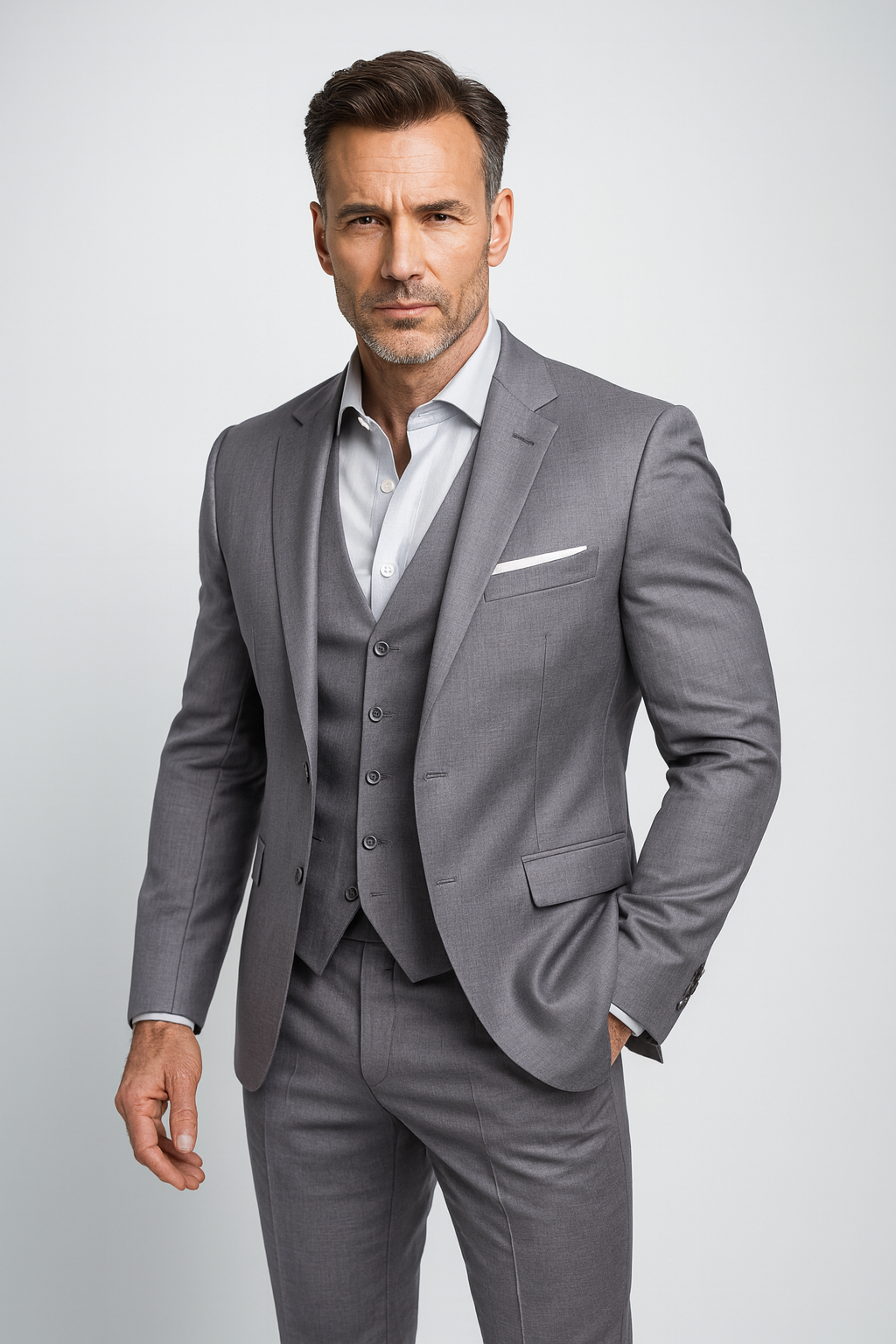 Heren Driedelig Slim Fit Kostuum met Blazer, Gilet en Broek Grijs