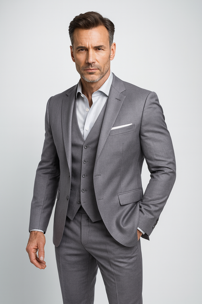 Heren Driedelig Slim Fit Kostuum met Blazer, Gilet en Broek Grijs