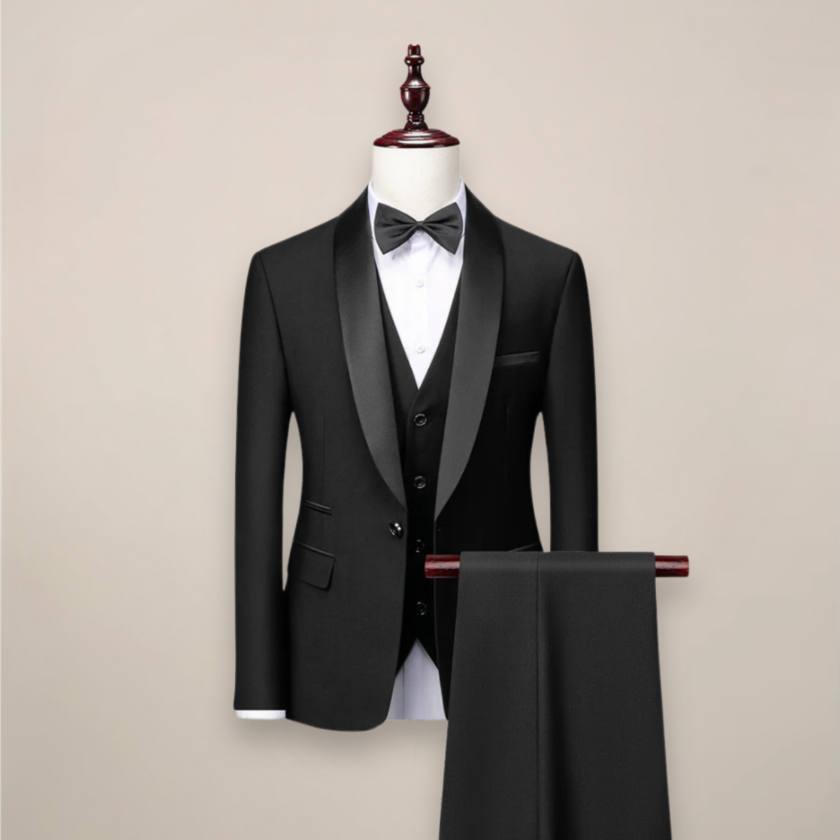 Heren Driedelig Slim Fit Pak met Sjaalkraag voor Bruiloft en Gala Zwart