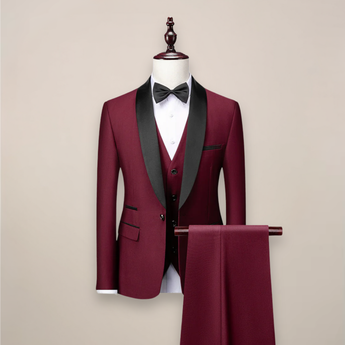 Heren Driedelig Slim Fit Pak met Sjaalkraag voor Bruiloft en Gala Donkerrood