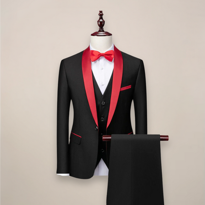 Heren Driedelig Slim Fit Pak met Sjaalkraag voor Bruiloft en Gala Rood