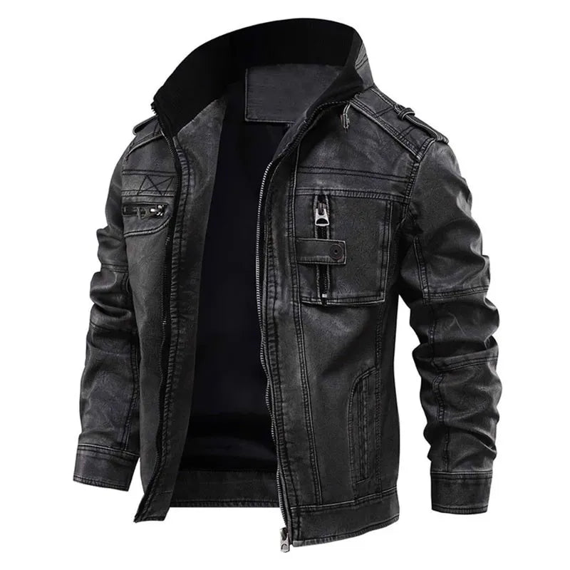 Heren Faux Leather Bikerjack met Ritssluiting en Opstaande Kraag Zwart