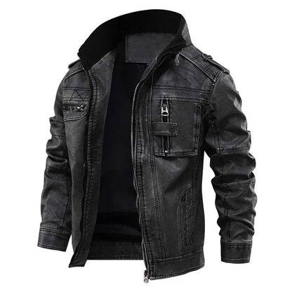 Heren Faux Leather Bikerjack met Ritssluiting en Opstaande Kraag Zwart