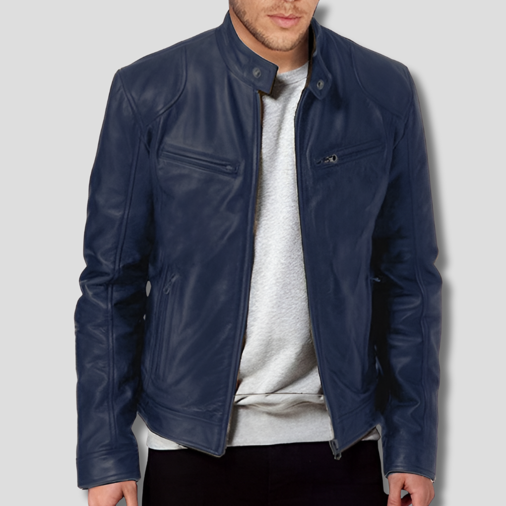 Heren Faux Leather Jack met Opstaande Kraag en Ritssluiting Blauw