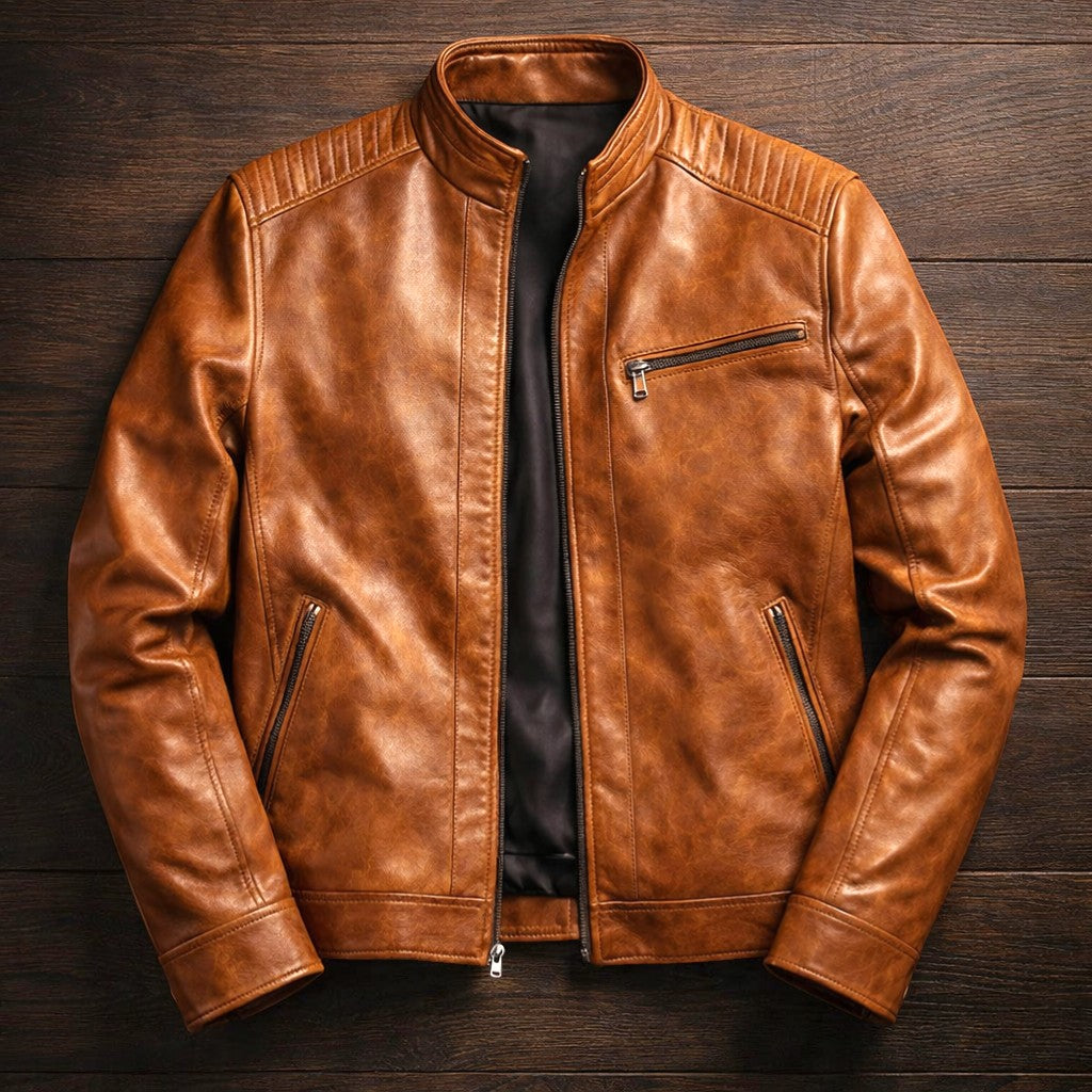 Heren Faux Leather Jacket met Staande Kraag en Ritssluiting Bruin