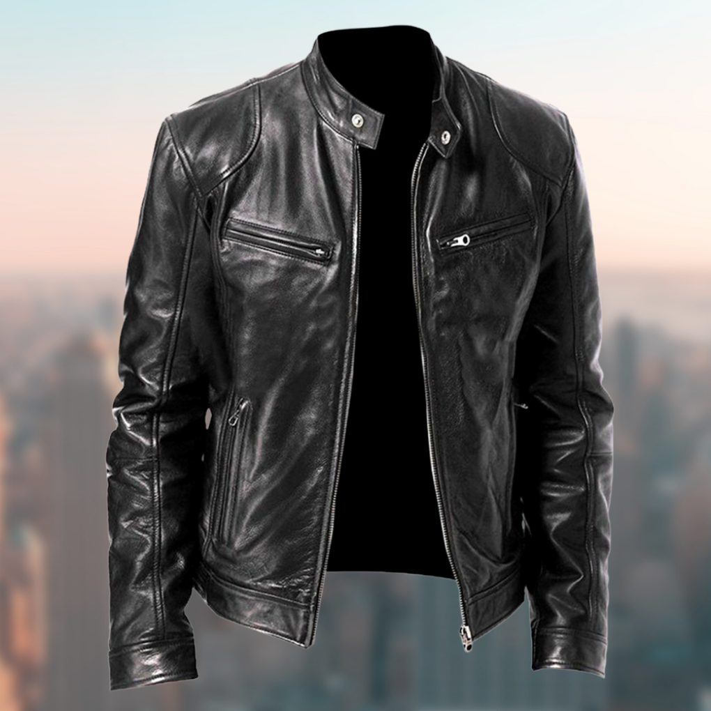 Heren Faux Leather Jacket met Staande Kraag en Ritssluiting Zwart