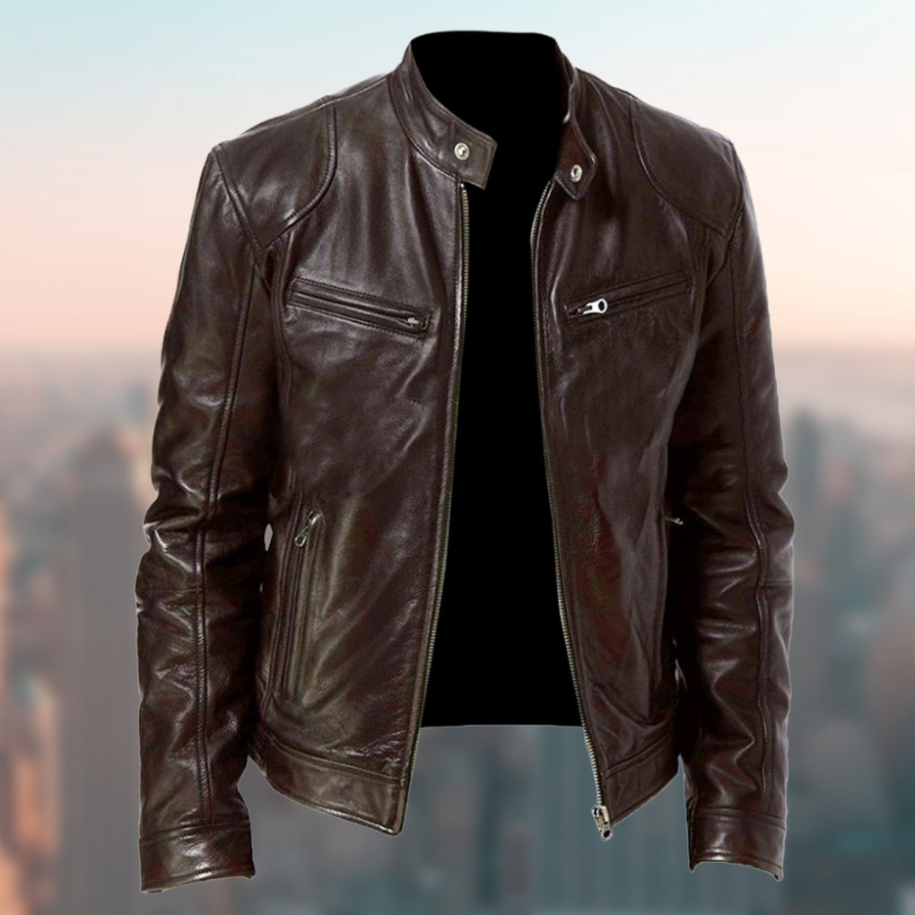 Heren Faux Leather Jacket met Staande Kraag en Ritssluiting Donkerbruin