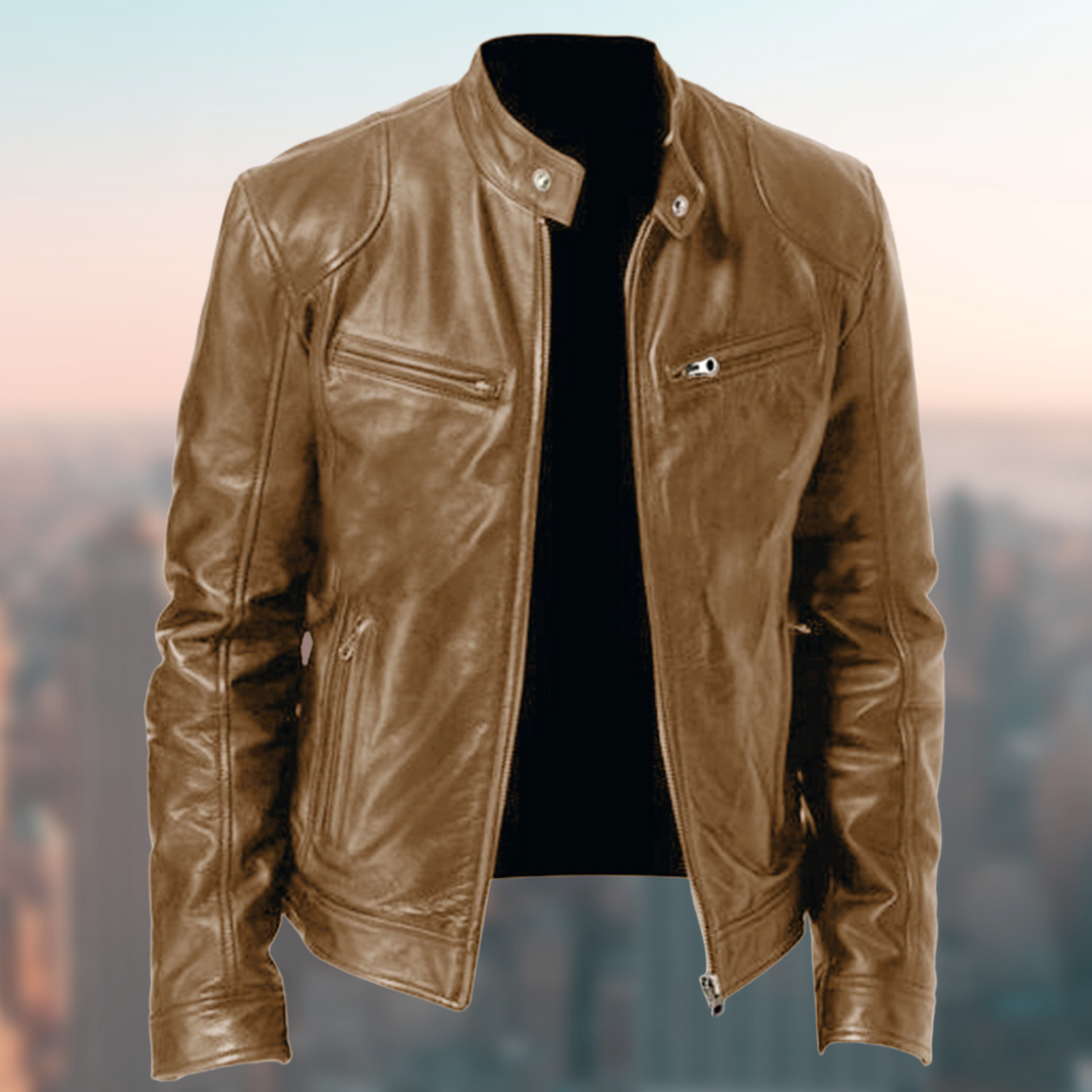 Heren Faux Leather Jacket met Staande Kraag en Ritssluiting Lichtbruin
