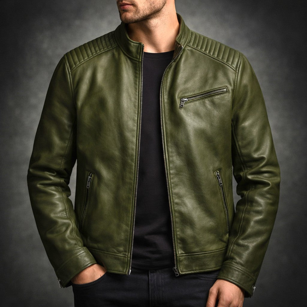 Heren Faux Leather Jacket met Staande Kraag en Ritssluiting