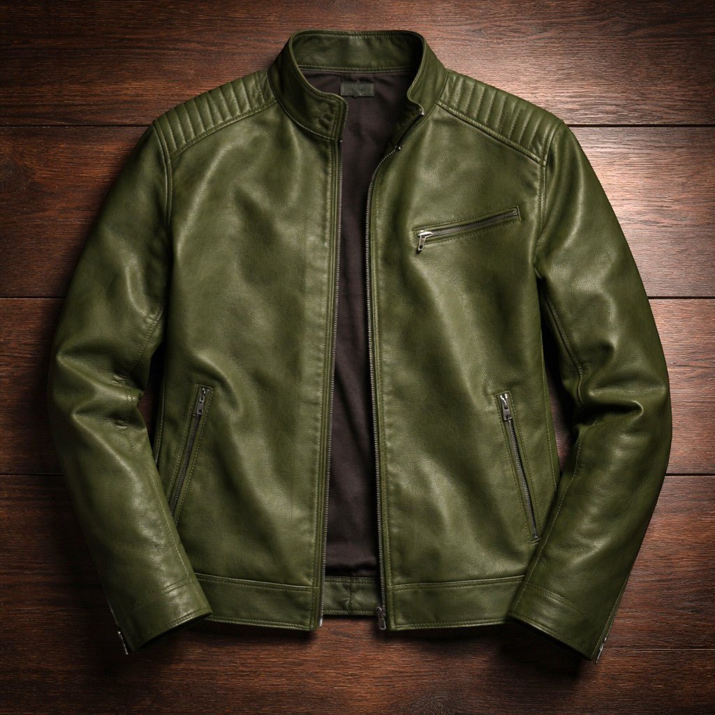 Heren Faux Leather Jacket met Staande Kraag en Ritssluiting Groen