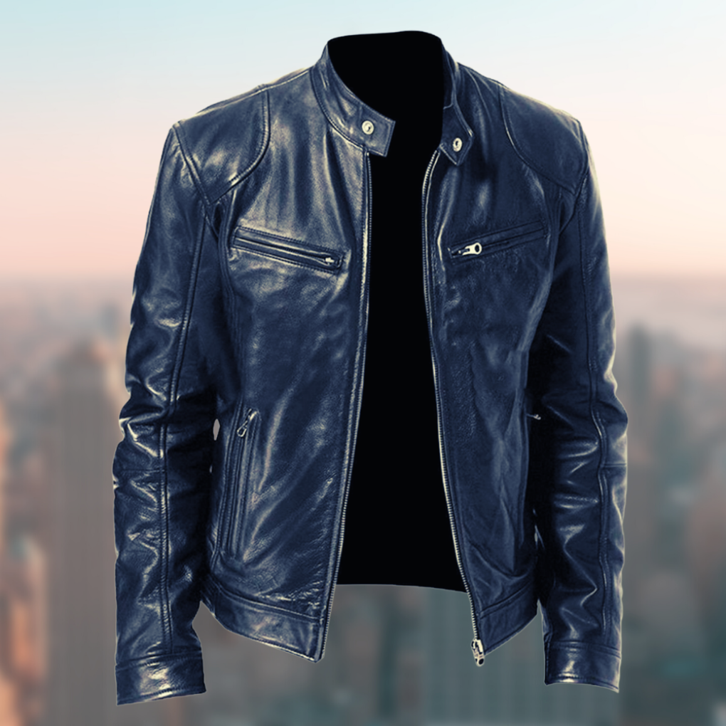 Heren Faux Leather Jacket met Staande Kraag en Ritssluiting Blauw