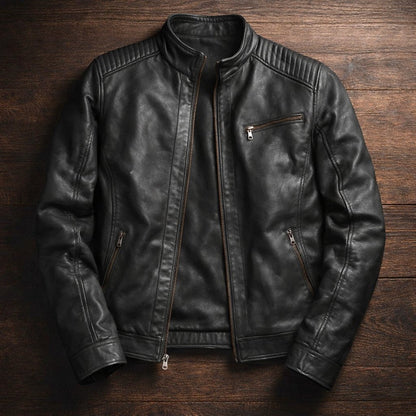 Heren Faux Leather Jacket met Staande Kraag en Ritssluiting Zwart
