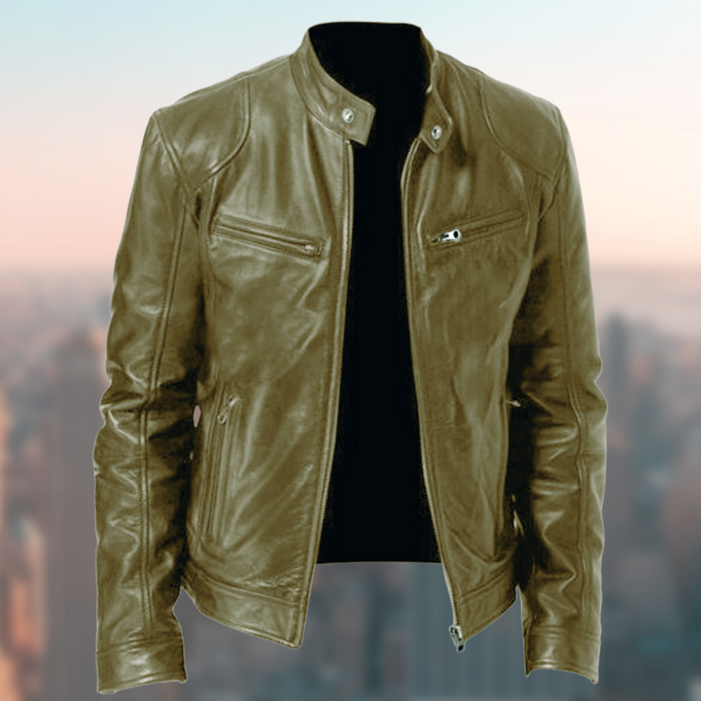 Heren Faux Leather Jacket met Staande Kraag en Ritssluiting Beige