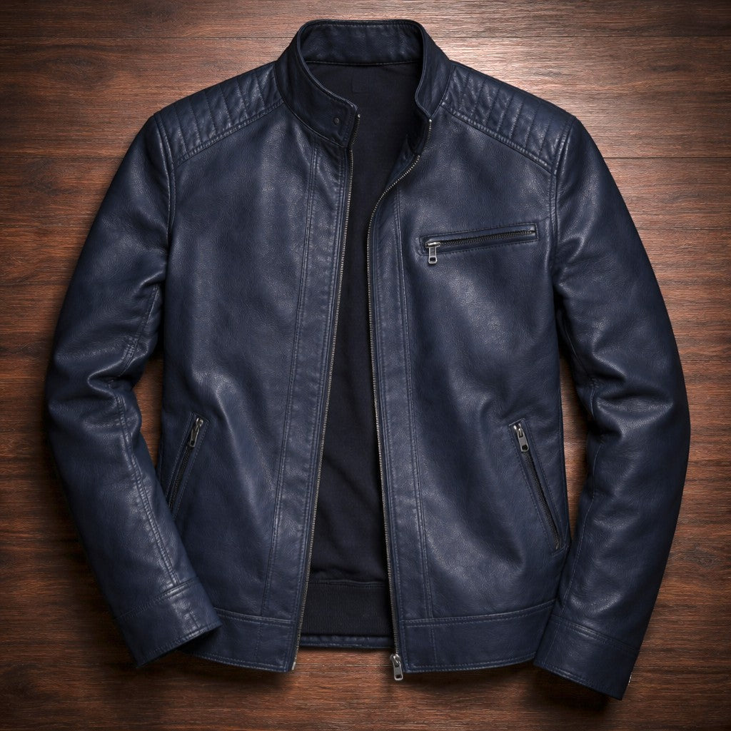 Heren Faux Leather Jacket met Staande Kraag en Ritssluiting Blauw