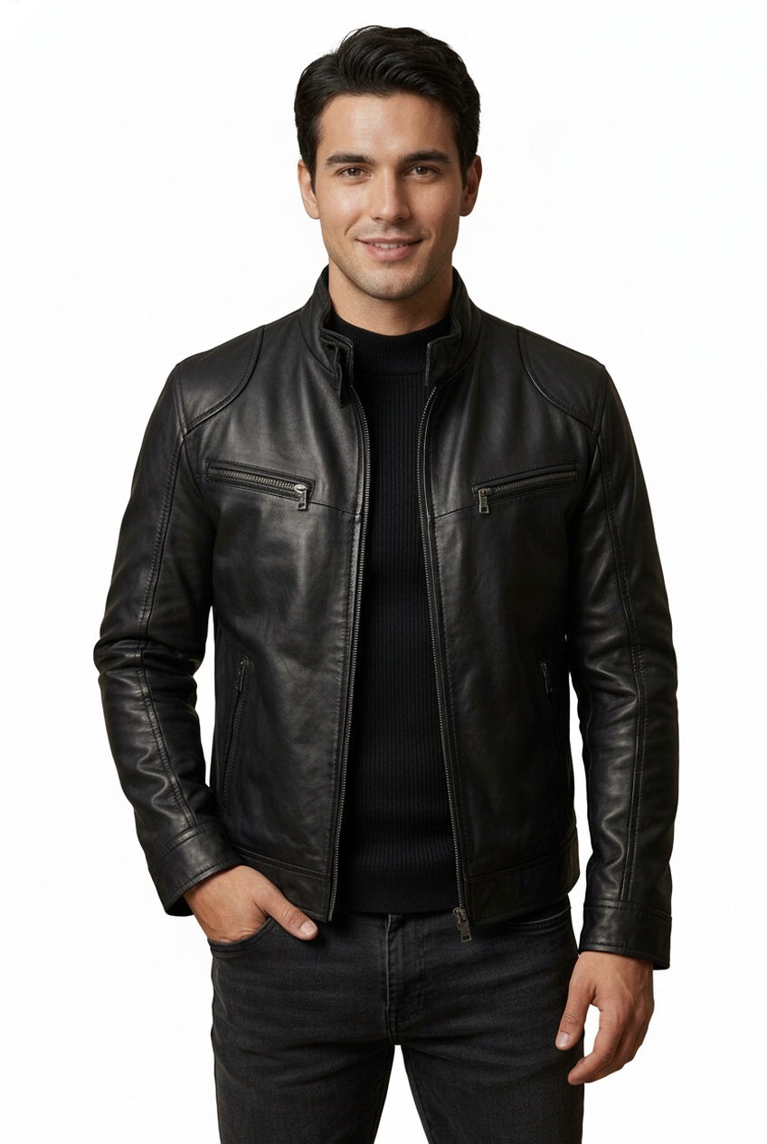 Heren Faux Leather Jacket Slim Fit met Staande Kraag en Ritssluitingen