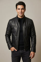 Heren Faux Leather Jacket Slim Fit met Staande Kraag en Ritssluitingen