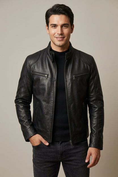 Heren Faux Leather Jacket Slim Fit met Staande Kraag en Ritssluitingen Zwart