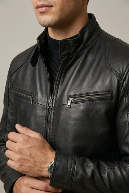 Heren Faux Leather Jacket Slim Fit met Staande Kraag en Ritssluitingen