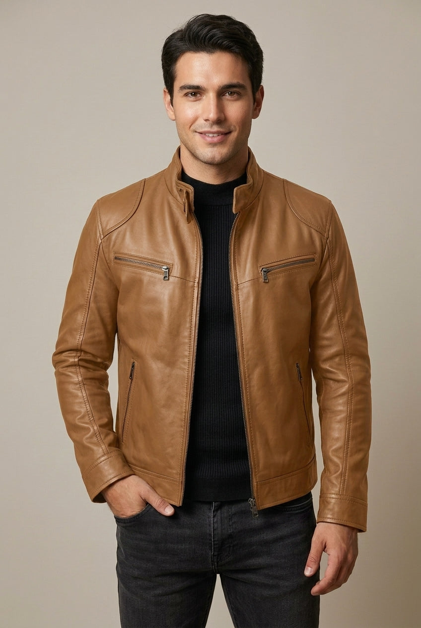 Heren Faux Leather Jacket Slim Fit met Staande Kraag en Ritssluitingen Camel