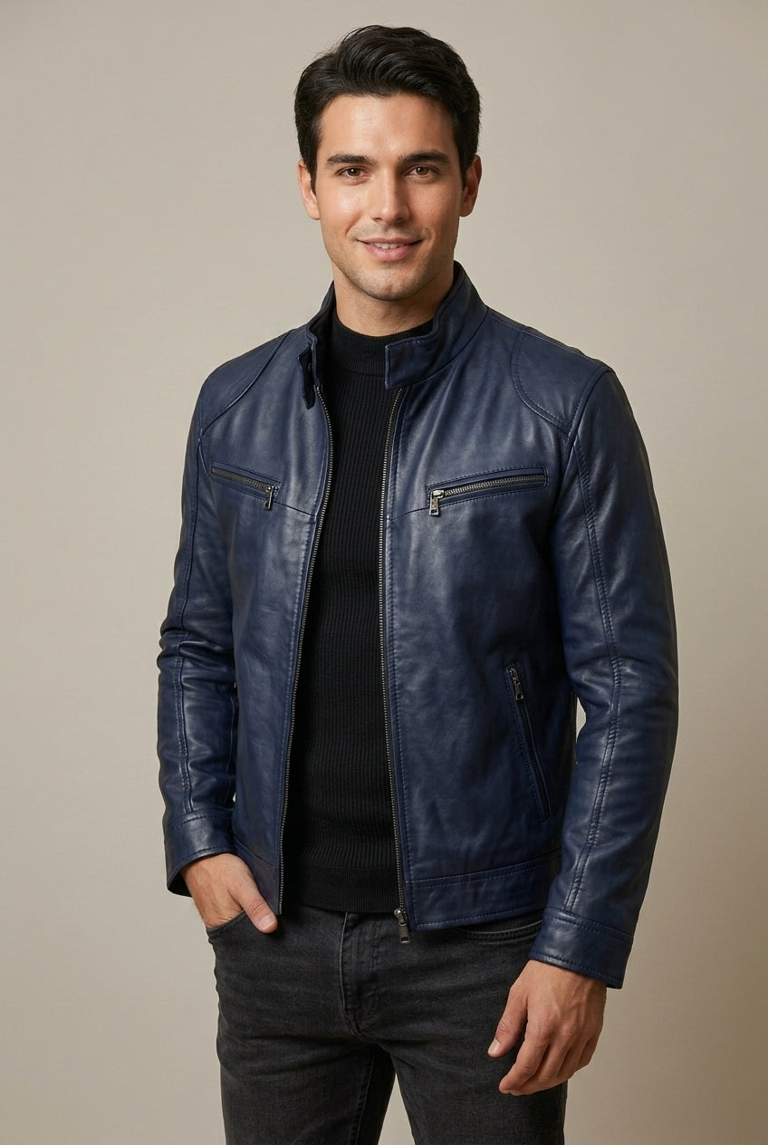 Heren Faux Leather Jacket Slim Fit met Staande Kraag en Ritssluitingen Marineblauw