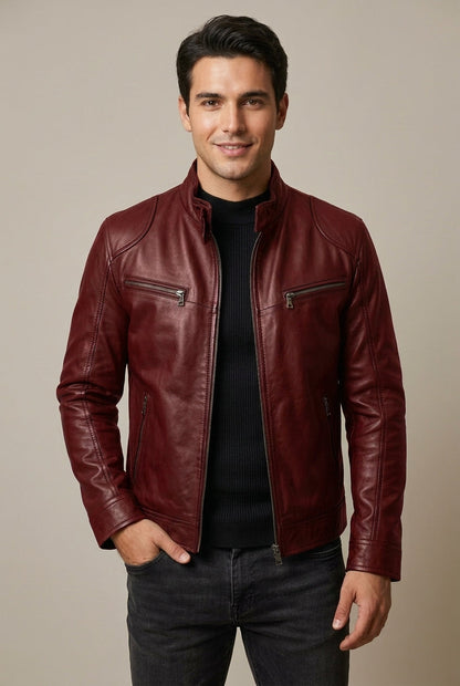 Heren Faux Leather Jacket Slim Fit met Staande Kraag en Ritssluitingen Rood
