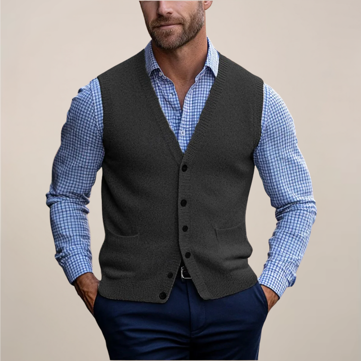 Heren Gebreid Gilet met V-hals Donkergrijs