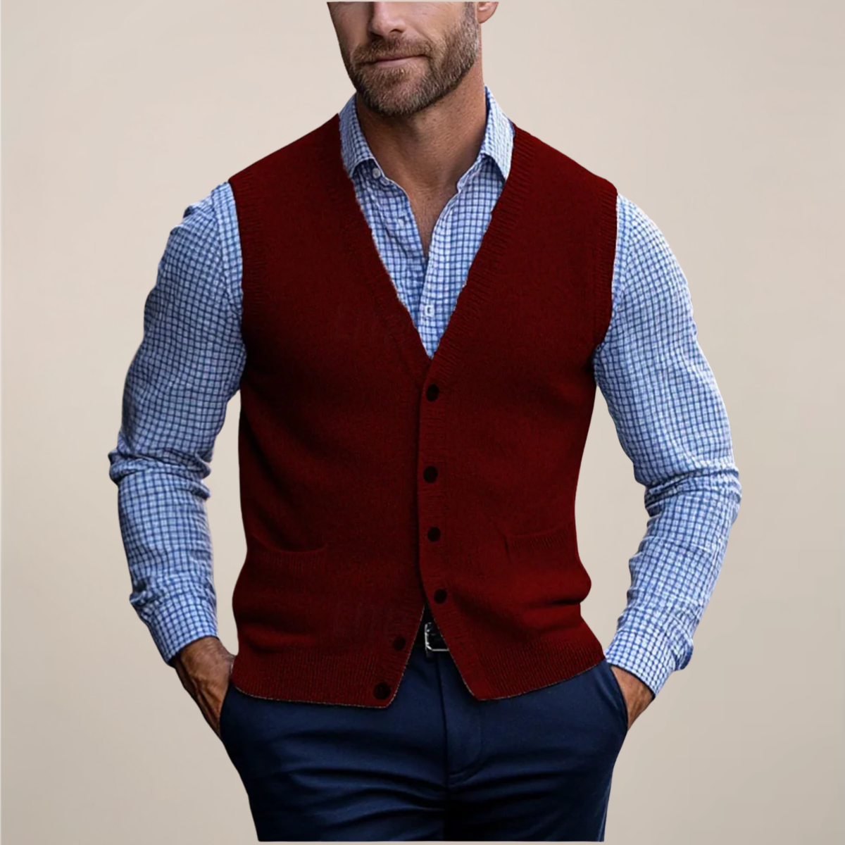 Heren Gebreid Gilet met V-hals Rood