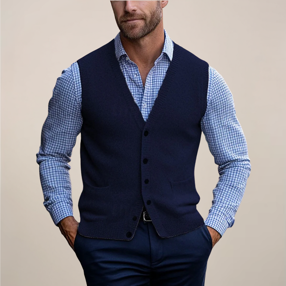 Heren Gebreid Gilet met V-hals Marineblauw