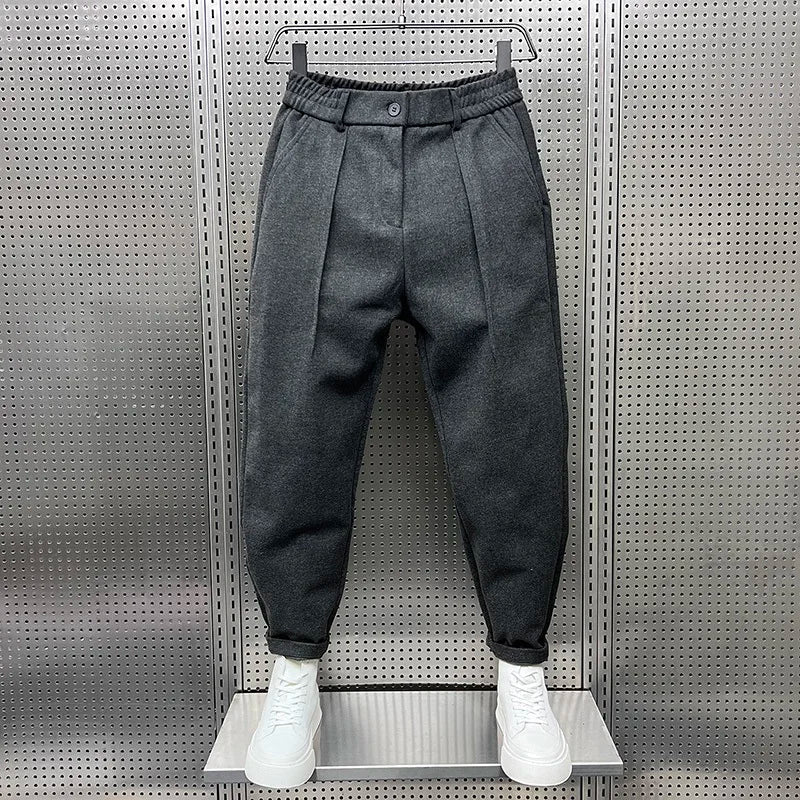 Heren Geplooide Tapered Broek met Elastische Taille Grijs