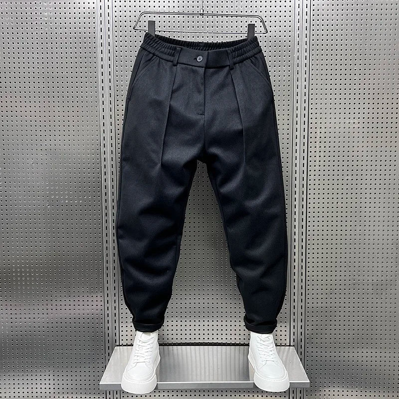 Heren Geplooide Tapered Broek met Elastische Taille Zwart
