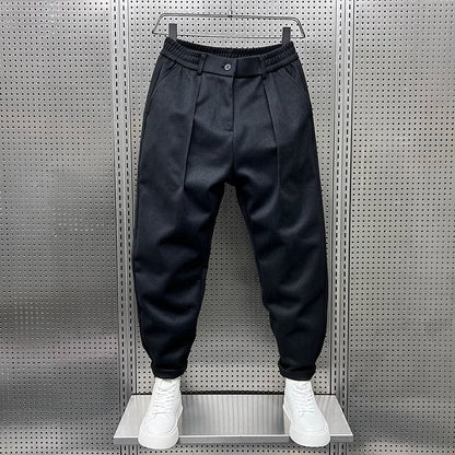 Heren Geplooide Tapered Broek met Elastische Taille Zwart