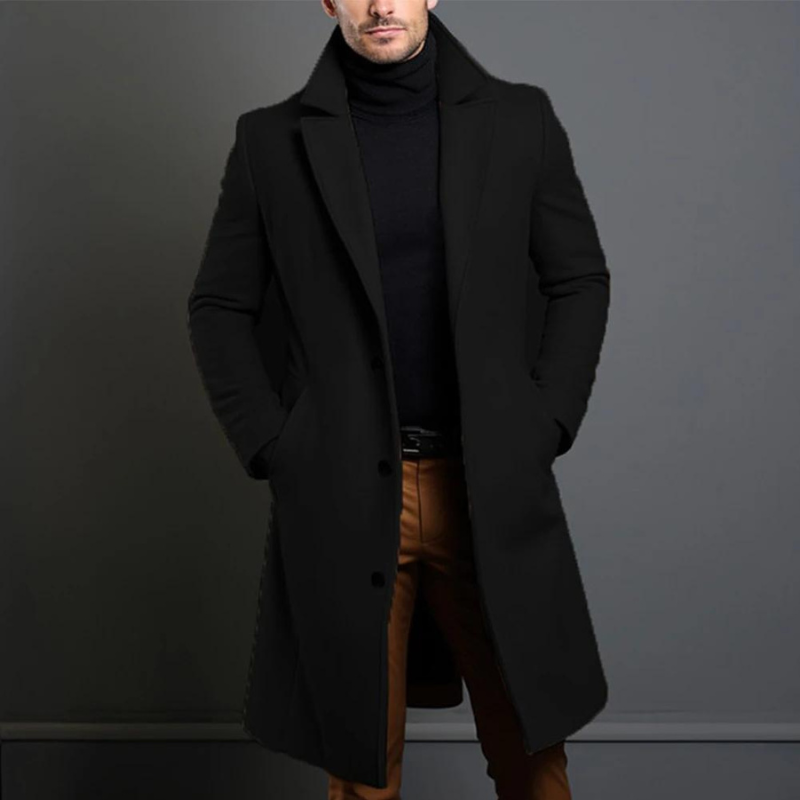 Heren Getailleerde Longline Overjas met Notch Revers Zwart