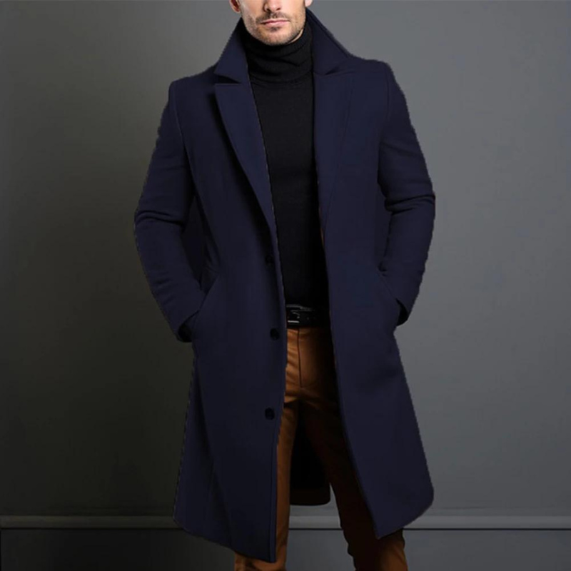 Heren Getailleerde Longline Overjas met Notch Revers Marineblauw