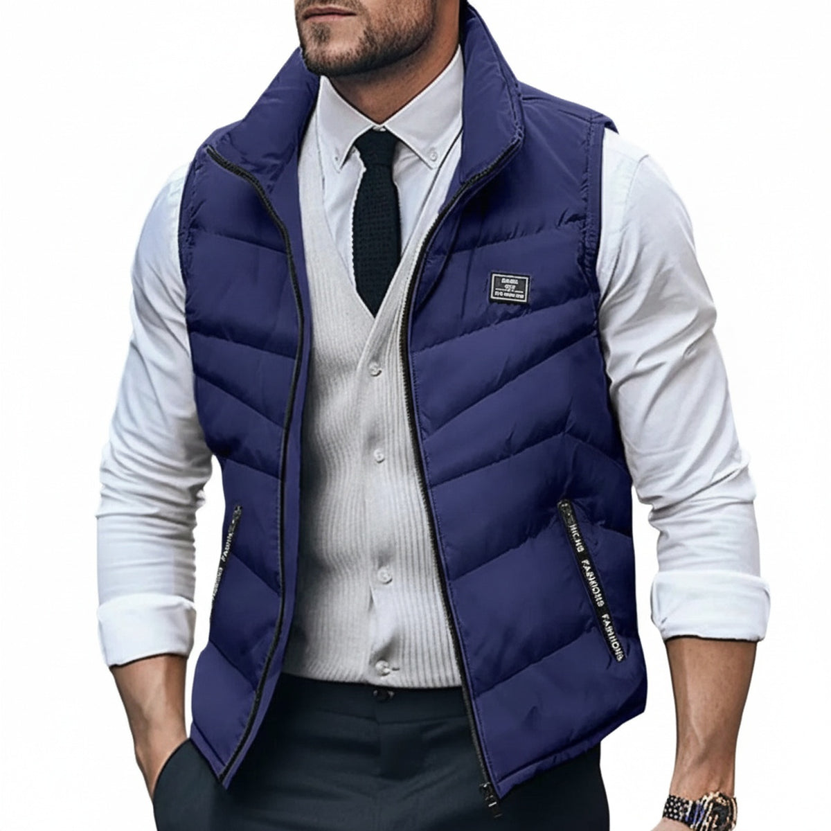 Heren Gewatteerd Bodywarmer Mouwloos met Staande Kraag en Ritssluiting