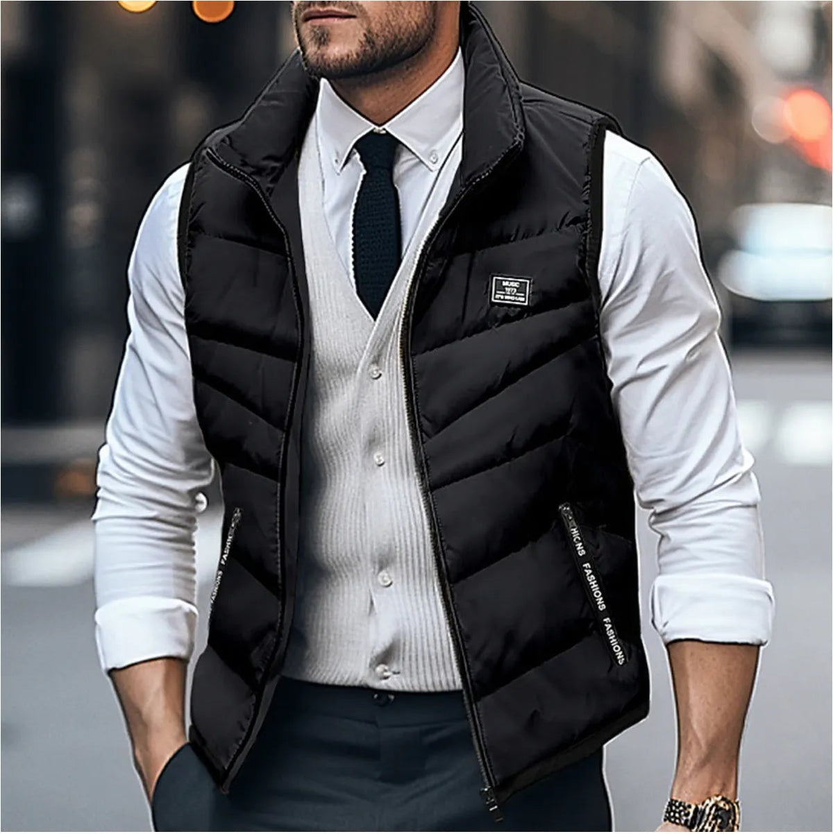 Heren Gewatteerd Bodywarmer Mouwloos met Staande Kraag en Ritssluiting Zwart