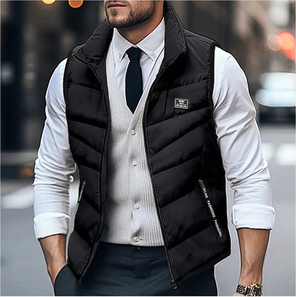 Heren Gewatteerd Bodywarmer Mouwloos met Staande Kraag en Ritssluiting Zwart