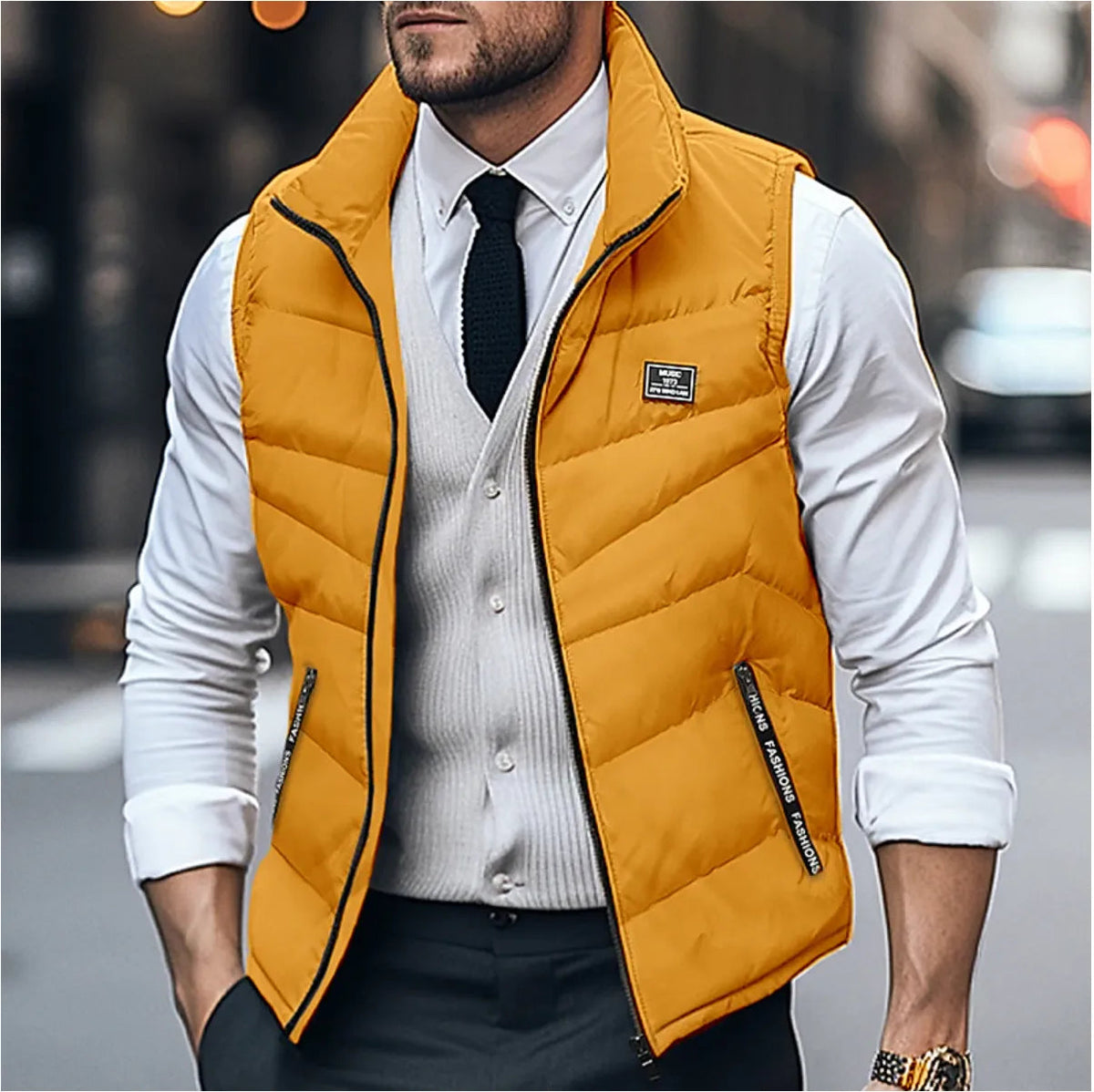 Heren Gewatteerd Bodywarmer Mouwloos met Staande Kraag en Ritssluiting Geel